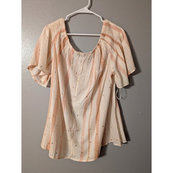 HARVÉ BENARD 2X Off Shoulder Top Blouse Pink Gold Foil Stripe Tassel - Picture 3 of 7